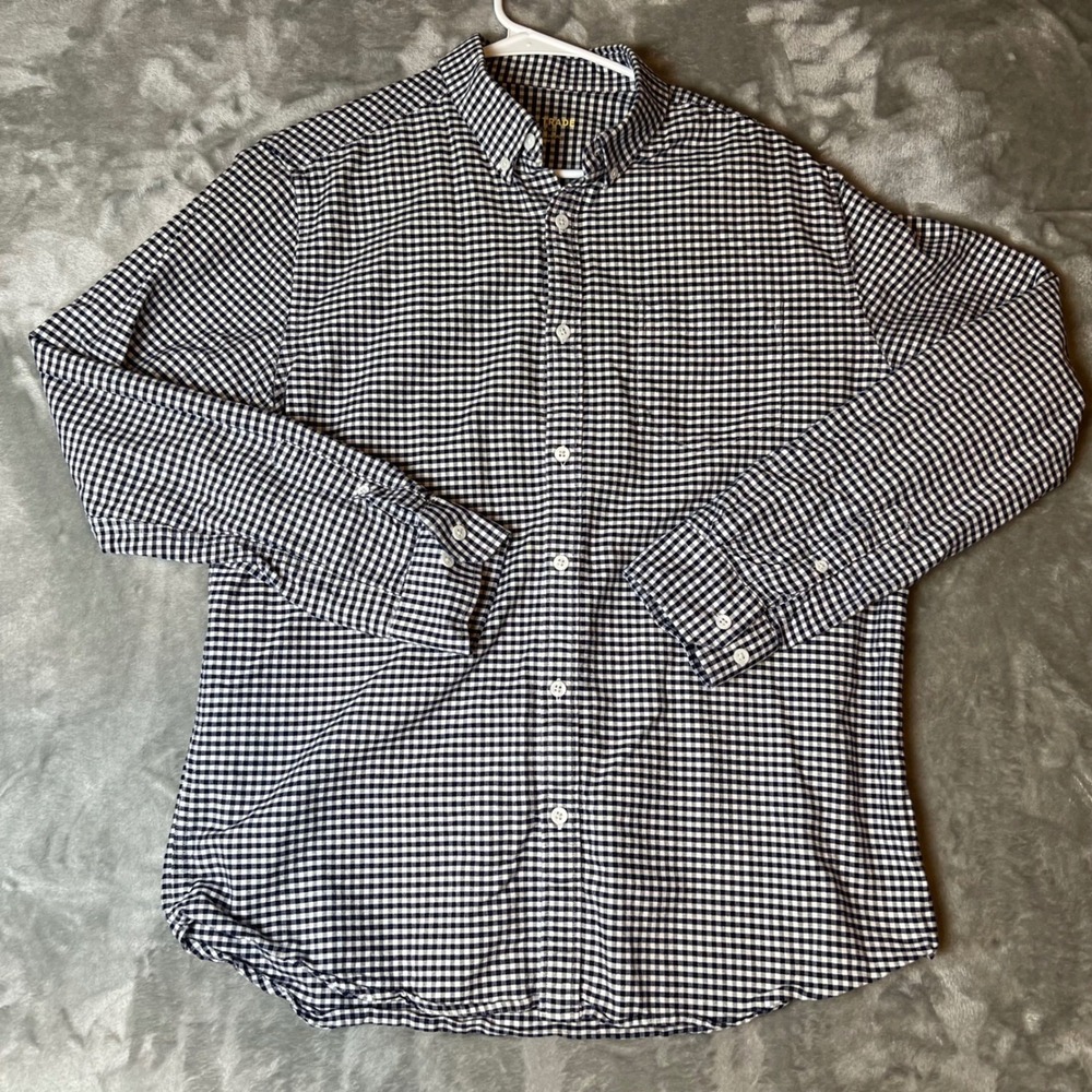 LINE OF TRADE Gingham Button Down Shirt Long Sleeve‎ Cotton Navy White Mens L